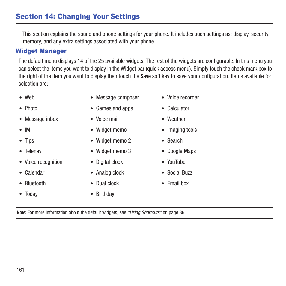 Section 14: changing your settings, Widget manager | Samsung SGH-T669AAATMB User Manual | Page 164 / 217