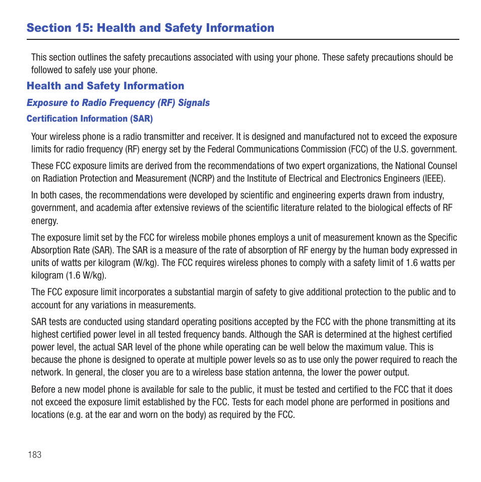 Section 15: health and safety information, Health and safety information | Samsung SGH-T669AAATMB User Manual | Page 186 / 217