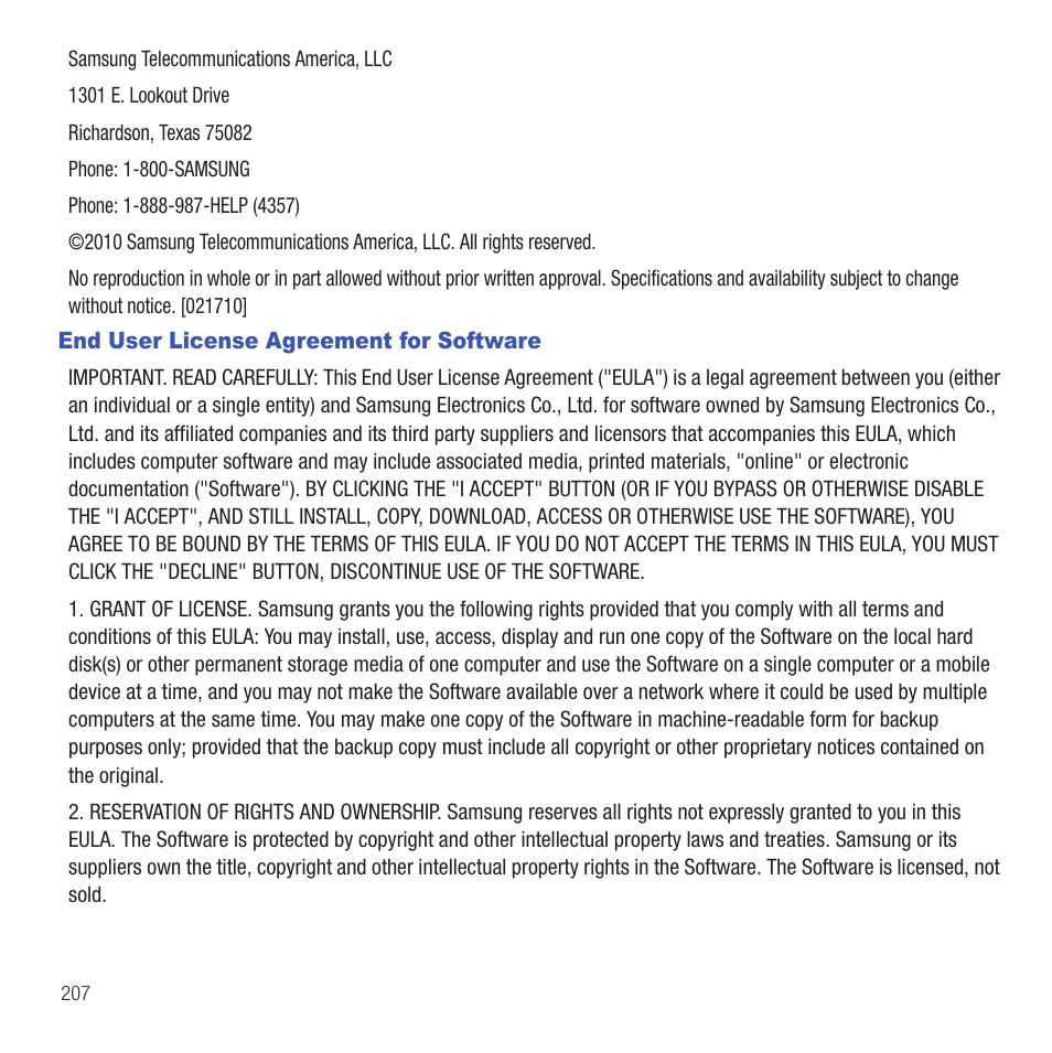 End user license agreement for software | Samsung SGH-T669AAATMB User Manual | Page 210 / 217
