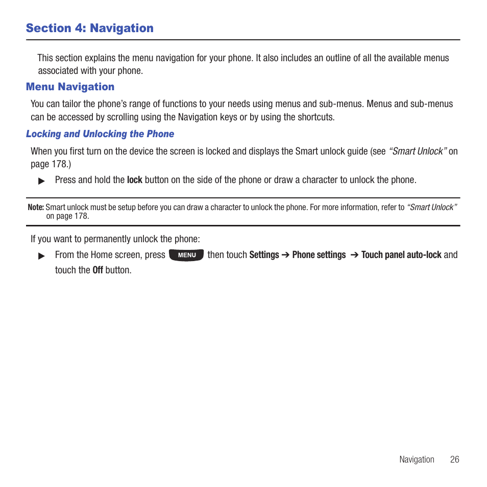 Section 4: navigation, Menu navigation | Samsung SGH-T669AAATMB User Manual | Page 29 / 217