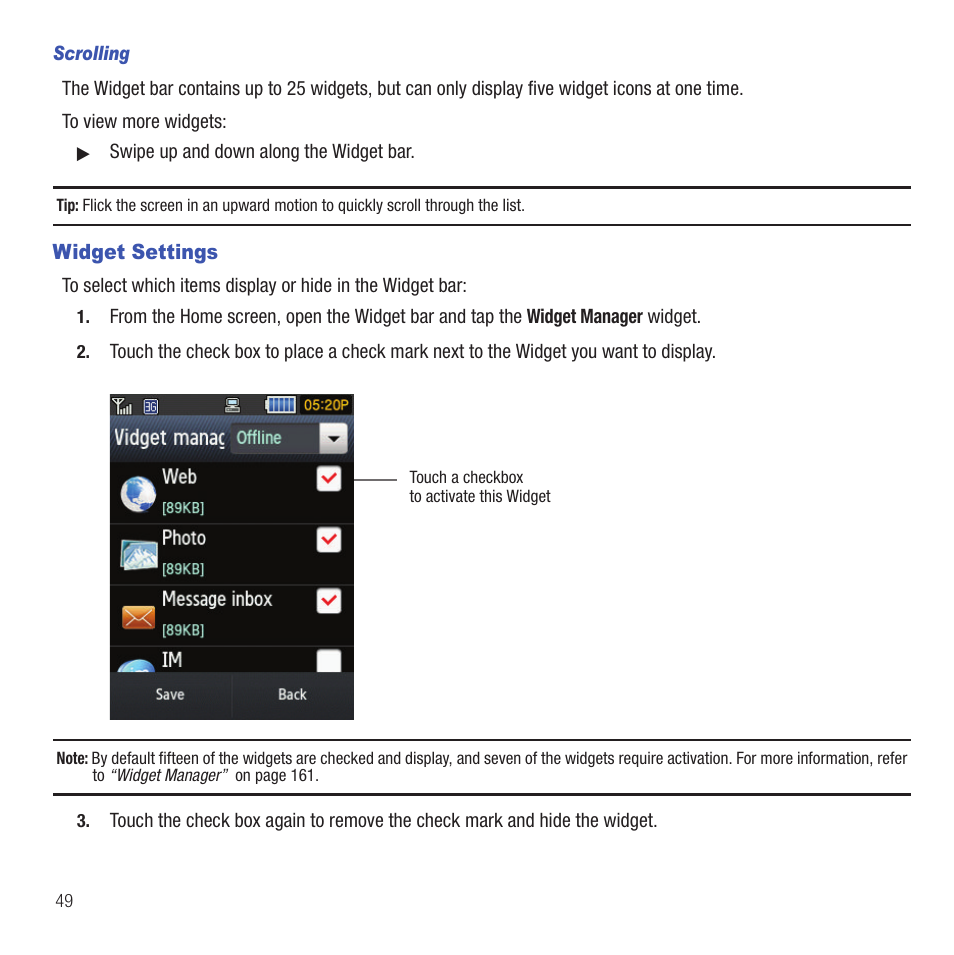 Widget settings | Samsung SGH-T669AAATMB User Manual | Page 52 / 217