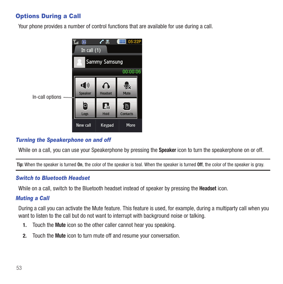 Options during a call | Samsung SGH-T669AAATMB User Manual | Page 56 / 217