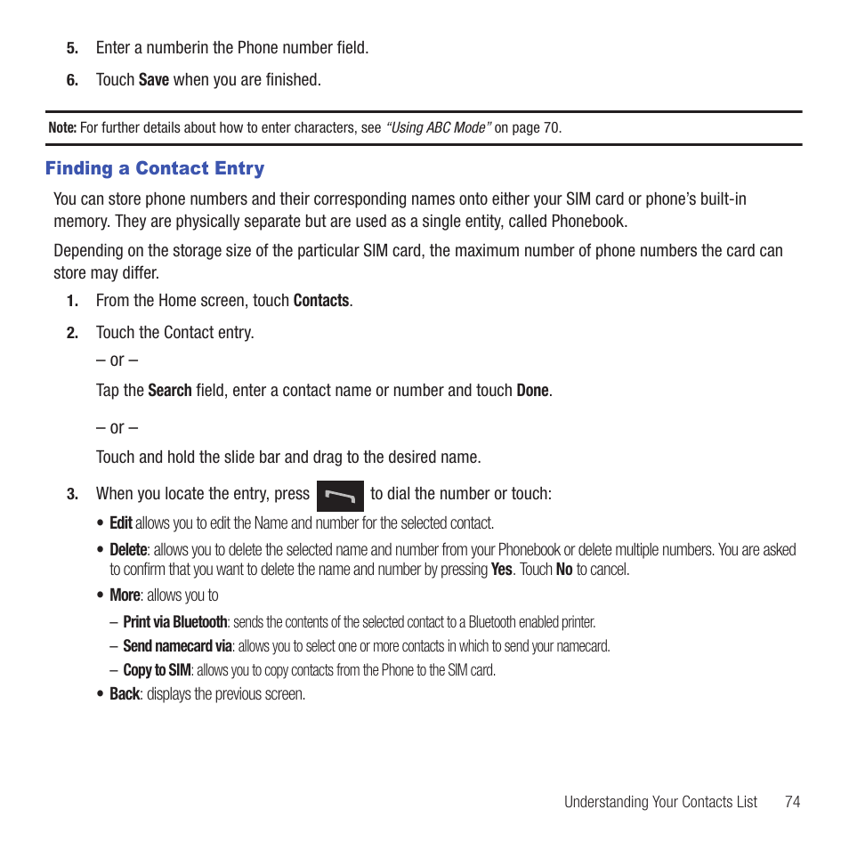 Finding a contact entry | Samsung SGH-T669AAATMB User Manual | Page 77 / 217