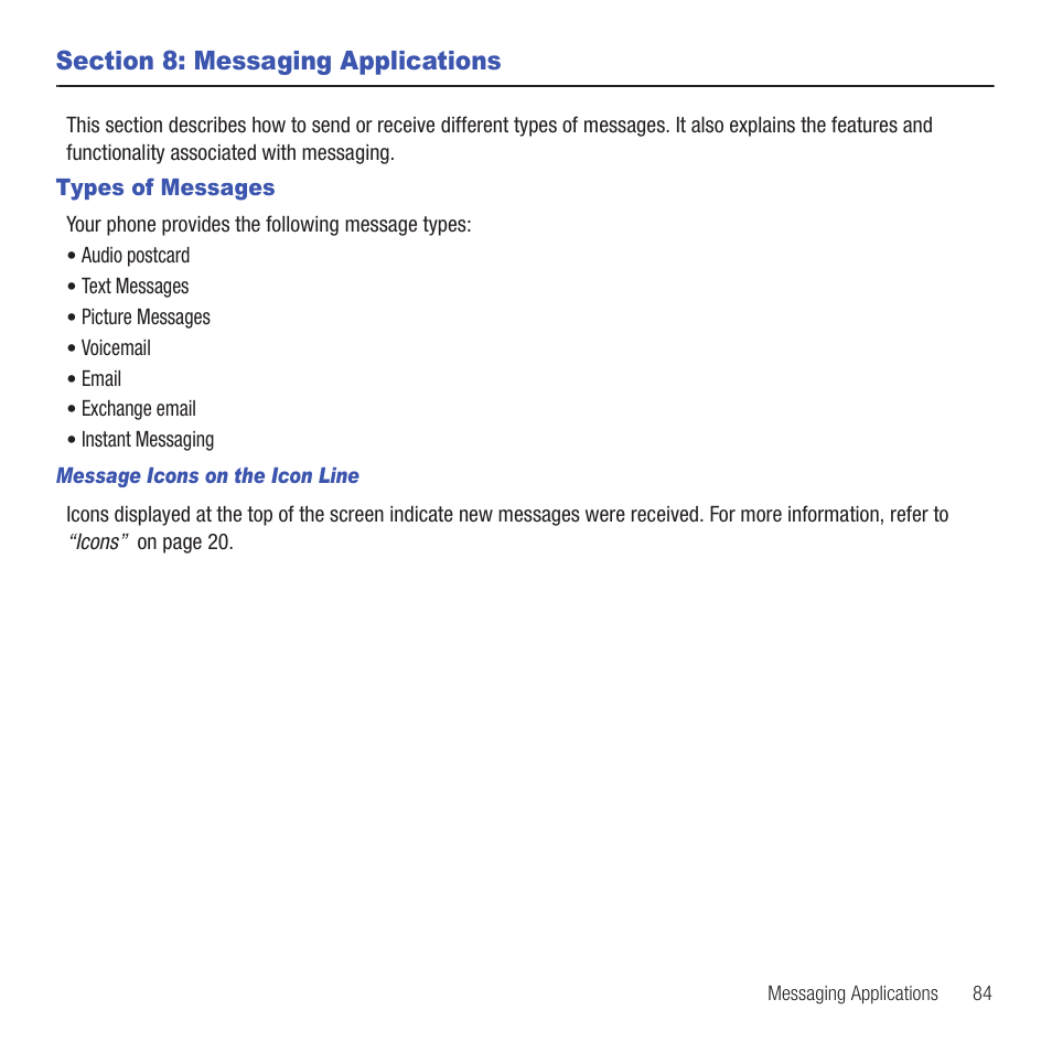 Section 8: messaging applications, Types of messages | Samsung SGH-T669AAATMB User Manual | Page 87 / 217