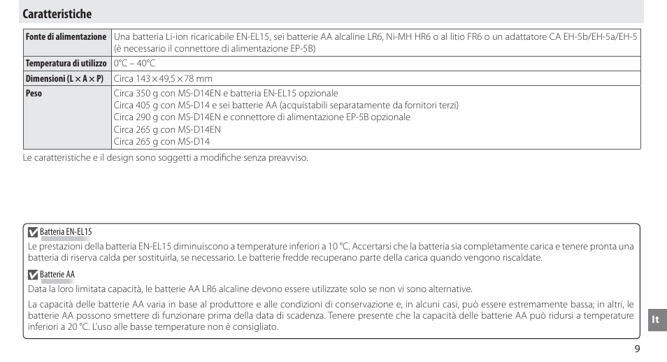 Caratteristiche | Nikon MB-D14 User Manual | Page 123 / 244