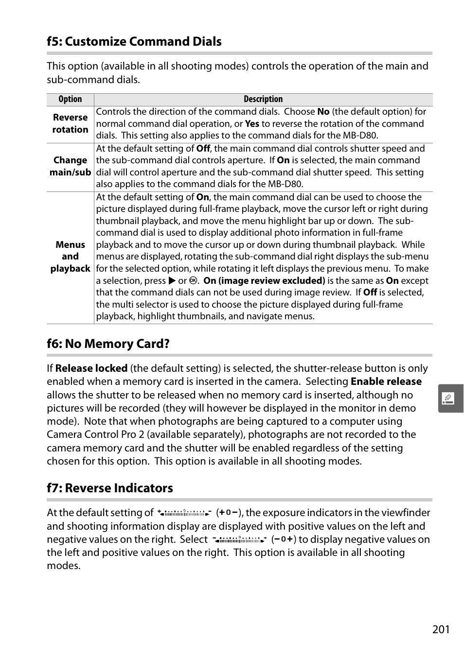 F5: customize command dials, F6: no memory card, F7: reverse indicators | Nikon D90 User Manual | Page 221 / 300