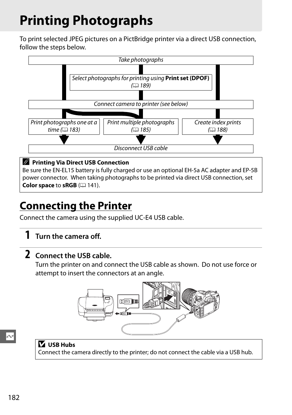 Printing photographs, Connecting the printer | Nikon D7000 User Manual | Page 202 / 348