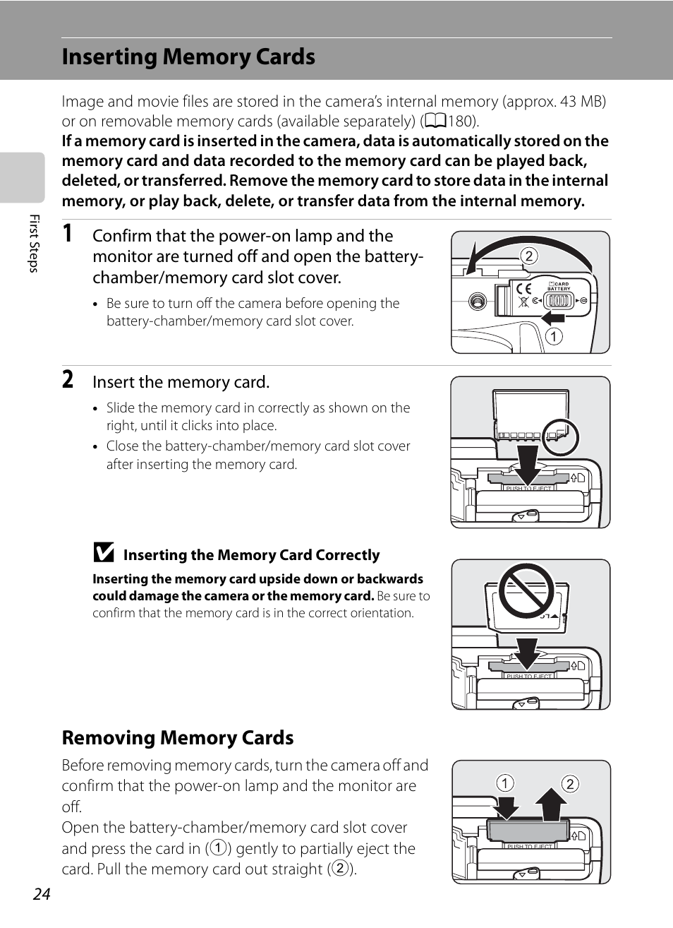 Inserting memory cards, Removing memory cards | Nikon COOLPIX-P100 User Manual | Page 36 / 216