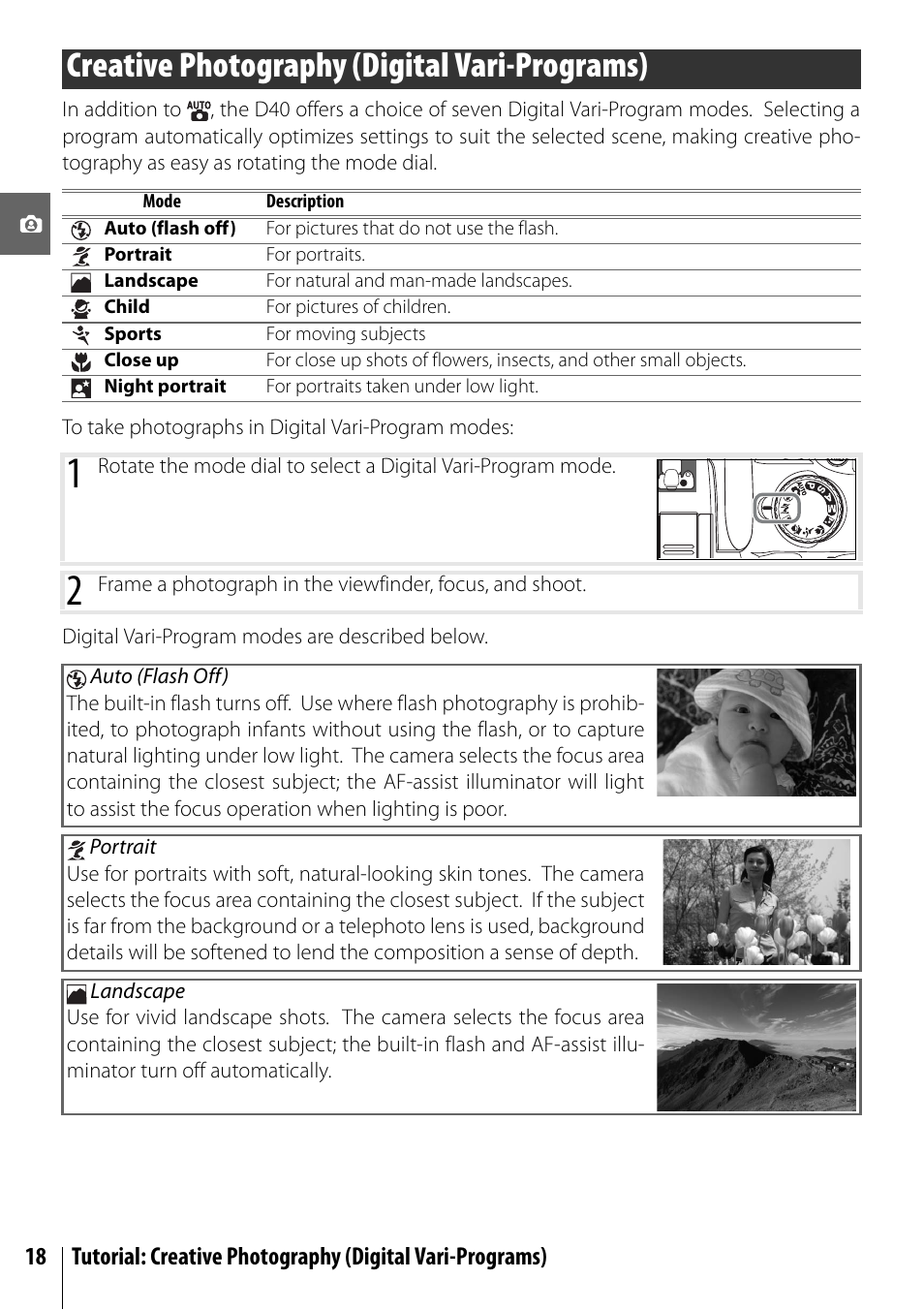 Creative photography (digital vari-programs) | Nikon D40 User Manual | Page 30 / 139