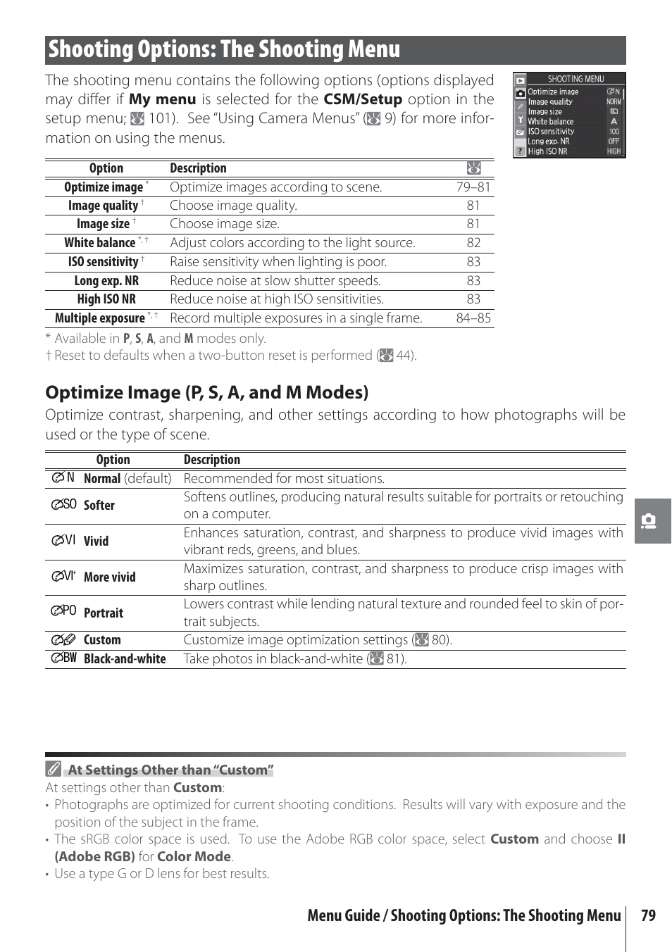 Shooting options: the shooting menu, Optimize image (p, s, a, and m modes) | Nikon D80 User Manual | Page 91 / 162