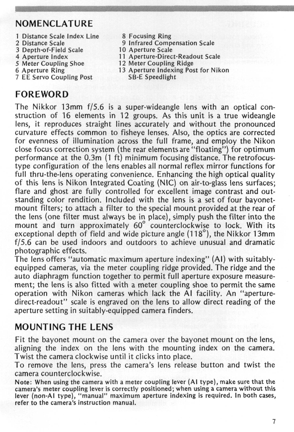 Nomenclature, Foreword, Mounting the lens | Nikon NIKKOR 13mm f-5.6 User Manual | Page 7 / 20