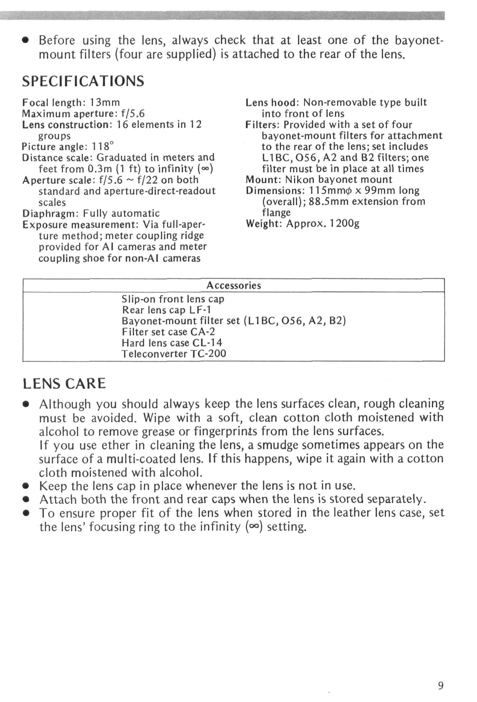 Specifications, Lens care | Nikon NIKKOR 13mm f-5.6 User Manual | Page 9 / 20