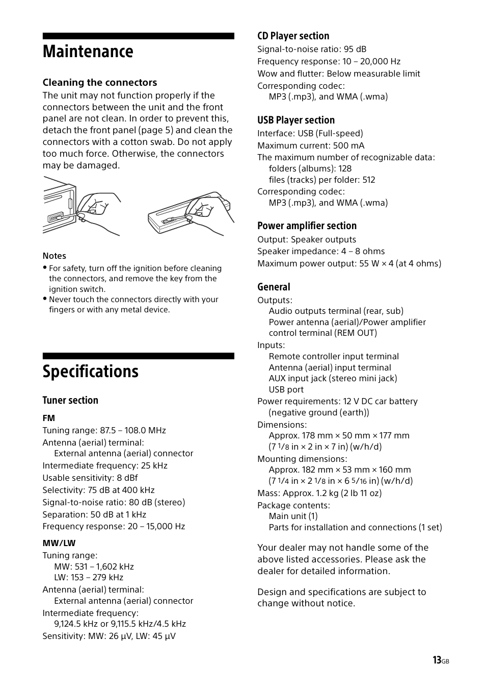 Maintenance, Specifications, Maintenance specifications | General | Sony CDX-G1000U User Manual | Page 13 / 84