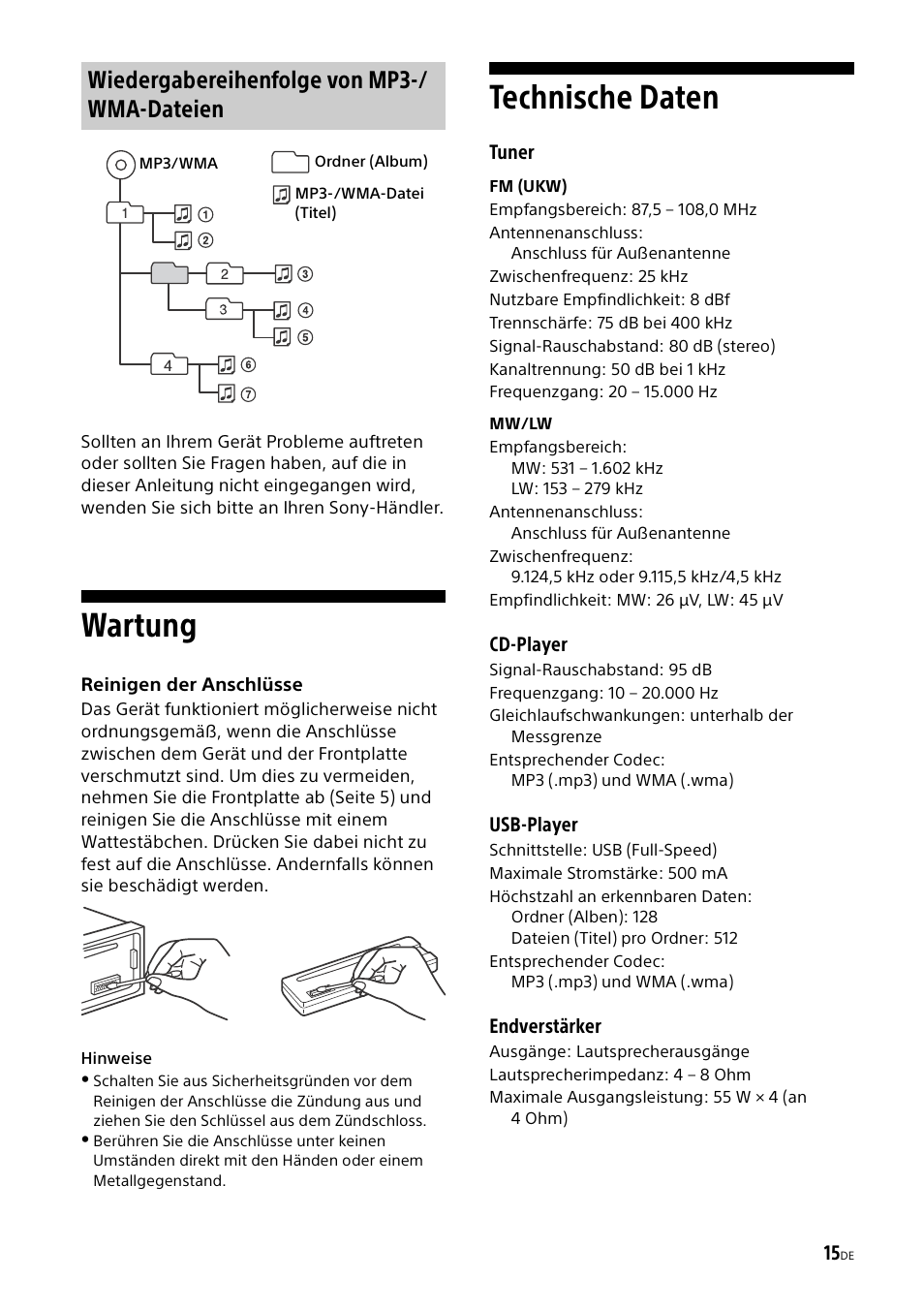Wartung, Technische daten, Wartung technische daten | Wiedergabereihenfolge von mp3-/ wma-dateien | Sony CDX-G1000U User Manual | Page 31 / 84