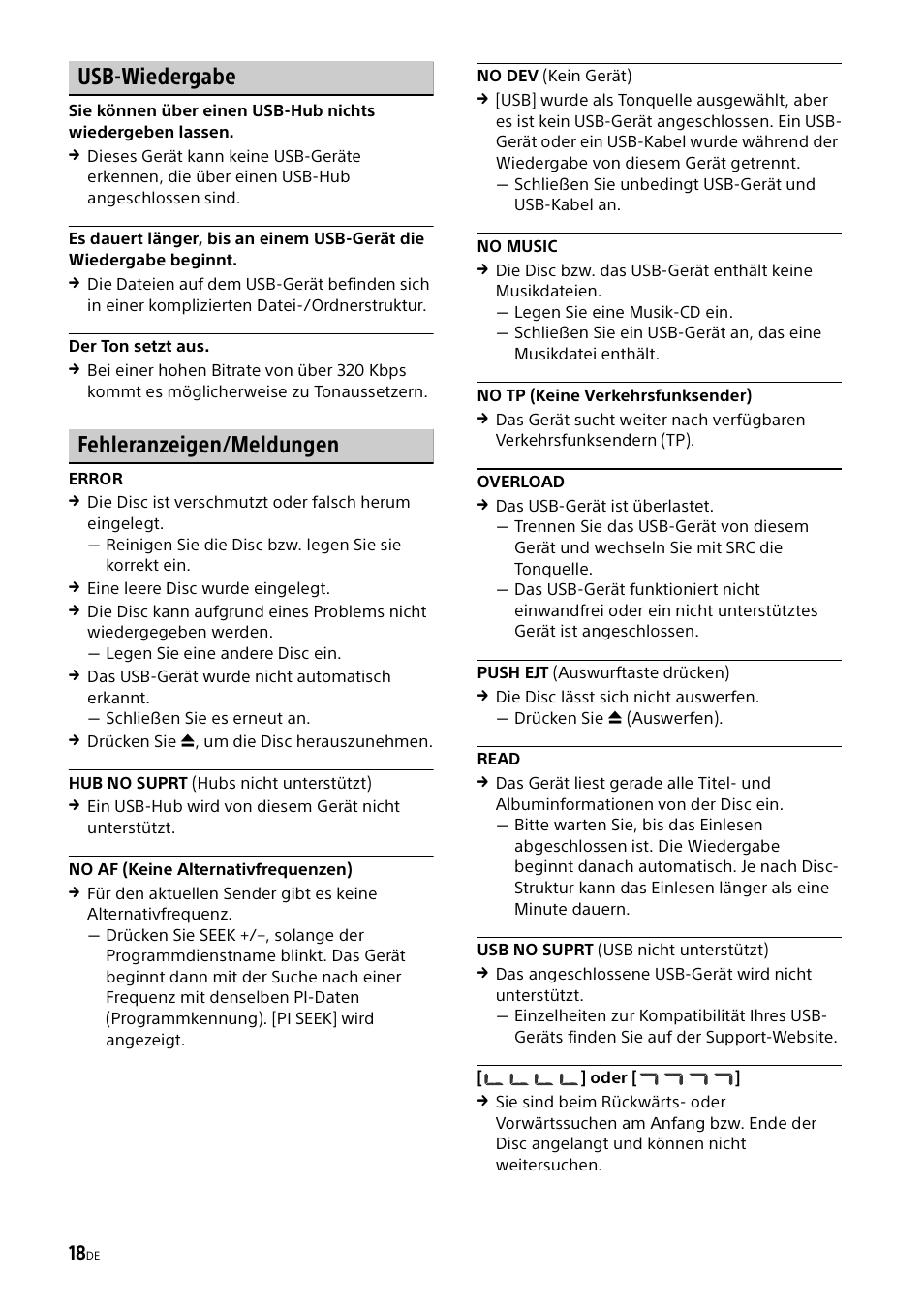 Usb-wiedergabe, Fehleranzeigen/meldungen | Sony CDX-G1000U User Manual | Page 34 / 84