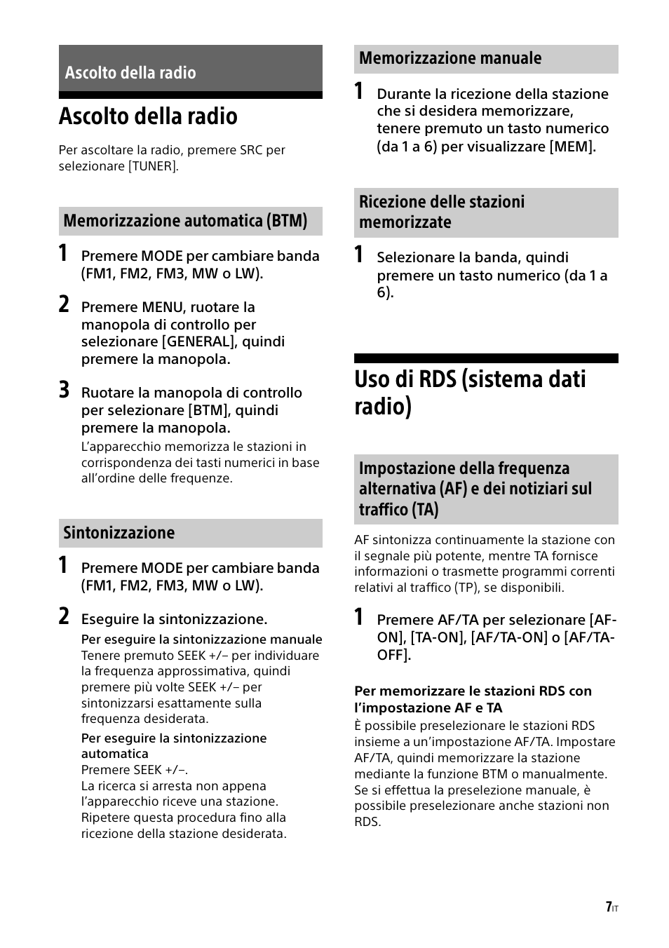 Ascolto della radio, Uso di rds (sistema dati radio) | Sony CDX-G1000U User Manual | Page 57 / 84