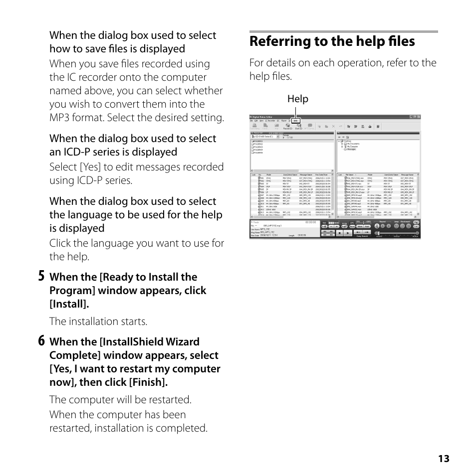 Referring to the help files | Sony ICD-SX700 User Manual | Page 13 / 56