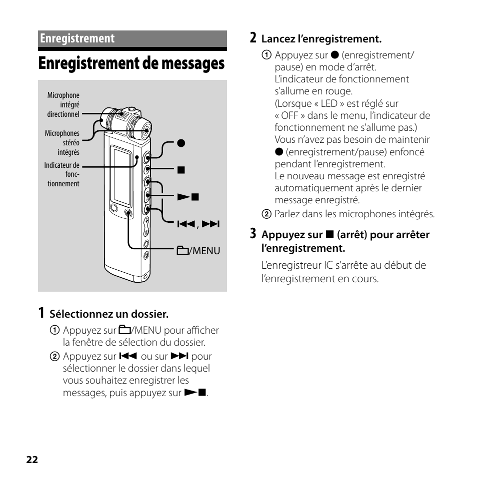 Enregistrement, Enregistrement de messages | Sony ICD-SX700 User Manual | Page 22 / 56