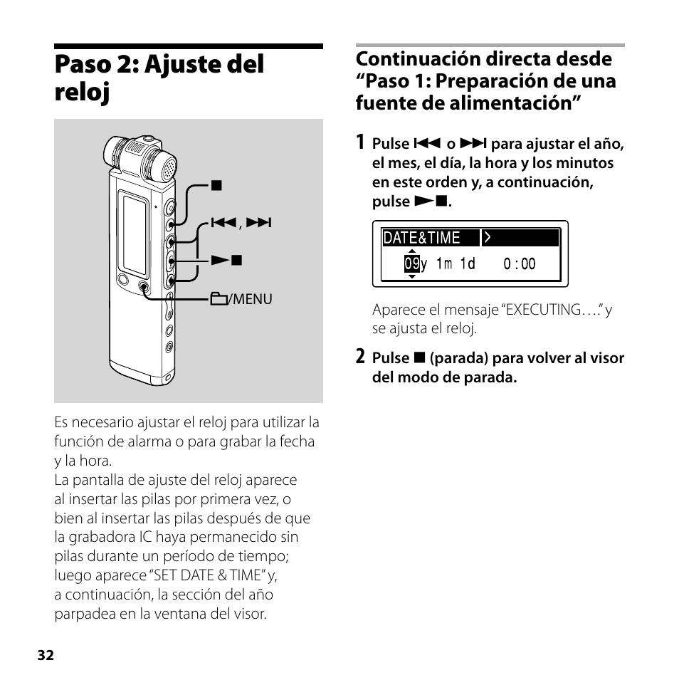 Paso 2: ajuste del reloj | Sony ICD-SX700 User Manual | Page 32 / 56