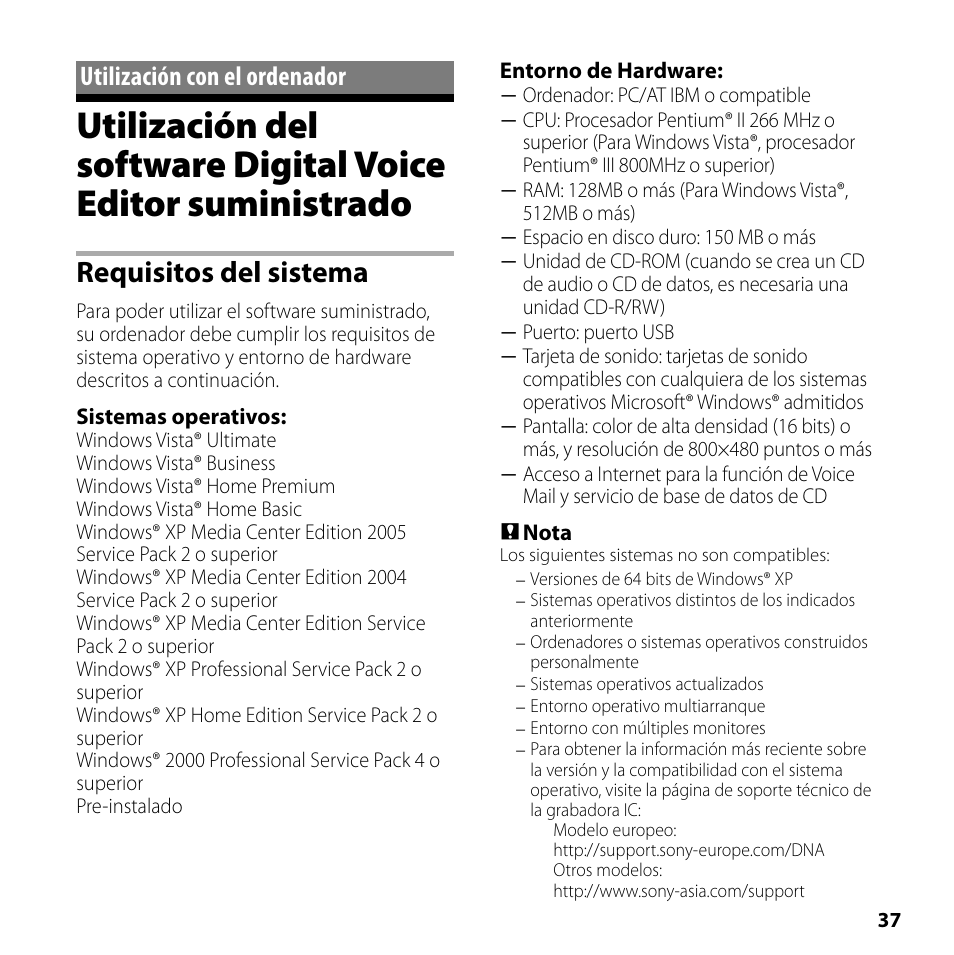 Utilización con el ordenador, Utilización del software digital voice, Editor suministrado | Requisitos del sistema | Sony ICD-SX700 User Manual | Page 37 / 56