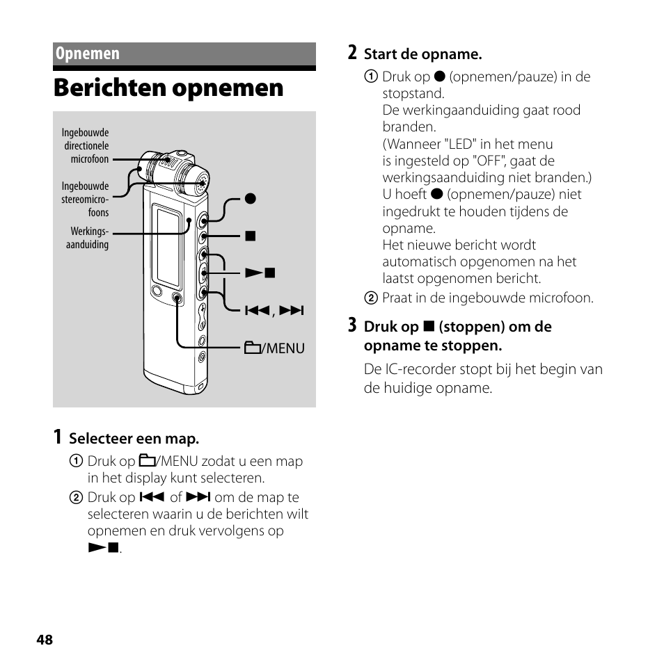 Opnemen, Berichten opnemen | Sony ICD-SX700 User Manual | Page 48 / 56