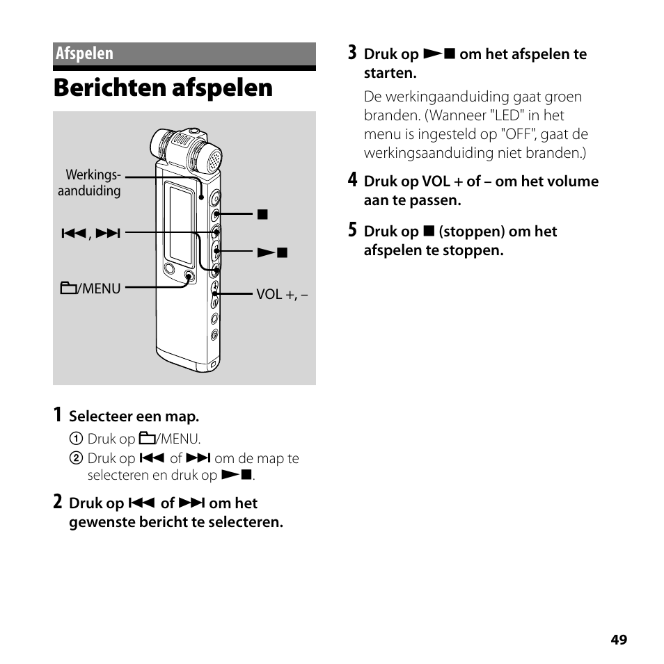 Afspelen, Berichten afspelen | Sony ICD-SX700 User Manual | Page 49 / 56