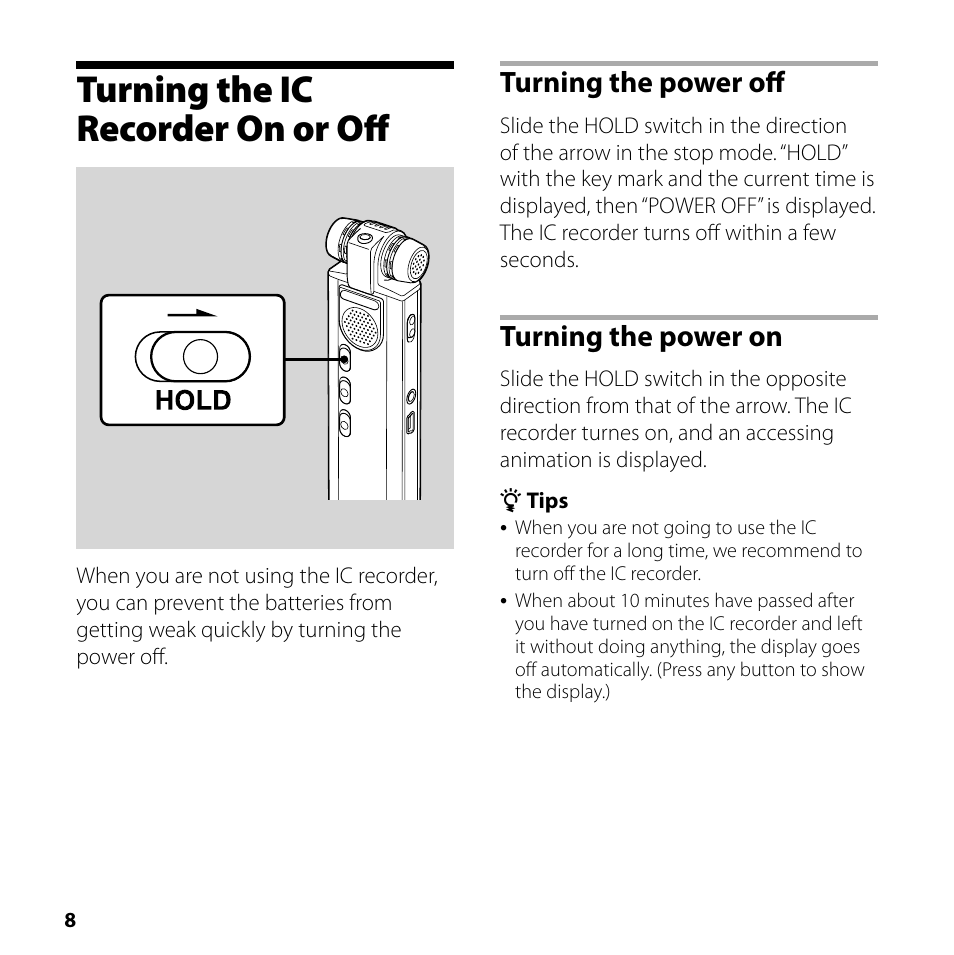 Turning the ic recorder on or off, Turning the power off, Turning the power on | Sony ICD-SX700 User Manual | Page 8 / 56