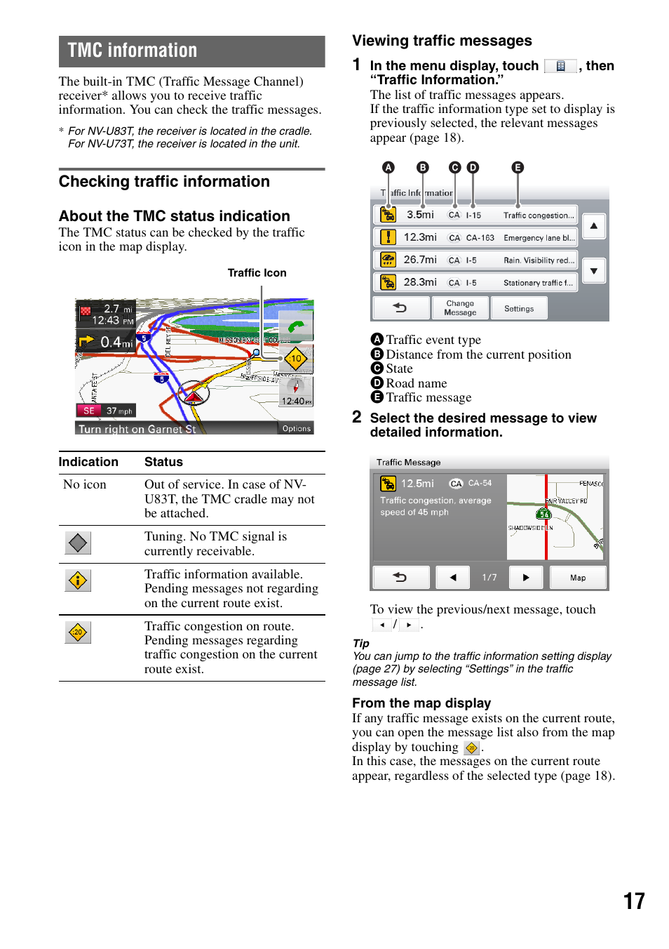 Tmc information, Checking traffic information | Sony NV-U83T User Manual | Page 17 / 31