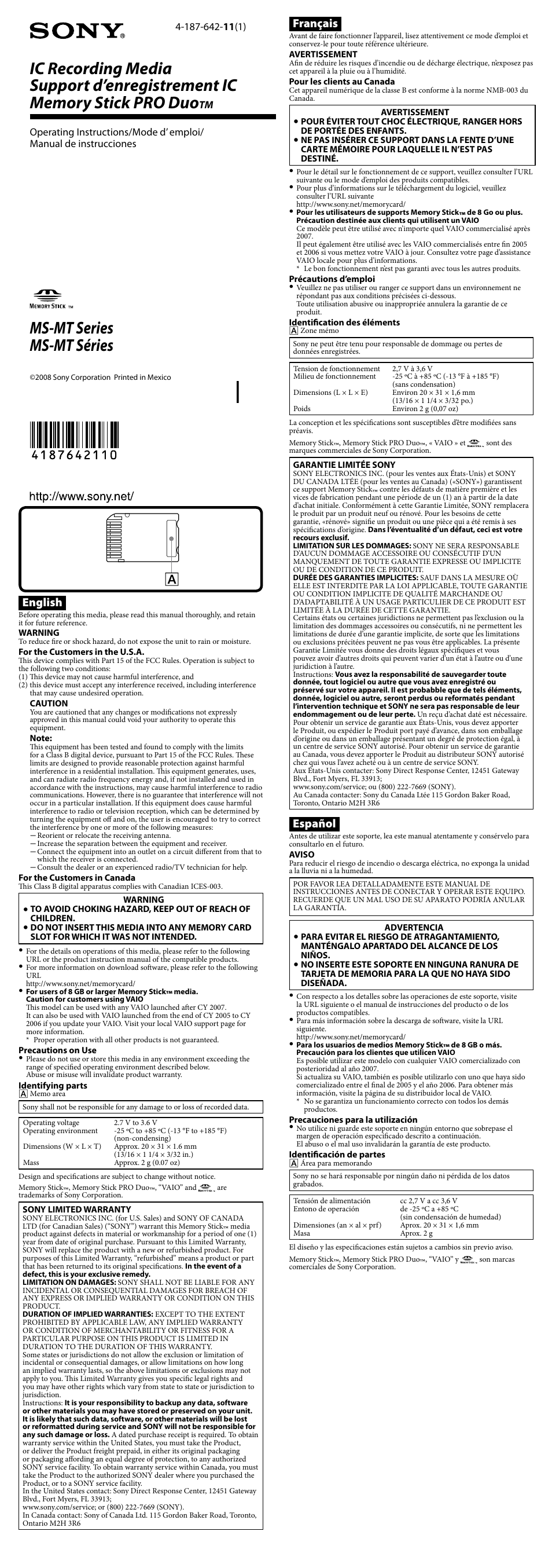 Sony MS-MT16G User Manual | 1 page