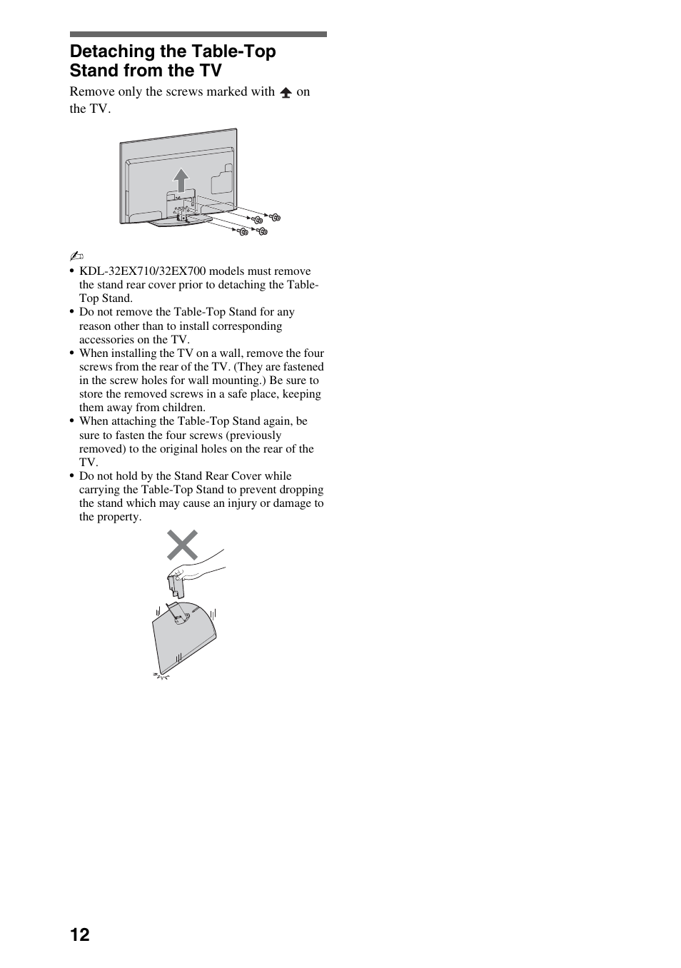 Detaching the table-top stand from the tv | Sony KDL-52EX701 User Manual | Page 12 / 24