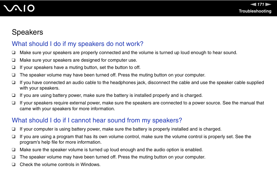 Speakers, What should i do if my speakers do not work | Sony VGN-FE680G User Manual | Page 171 / 195