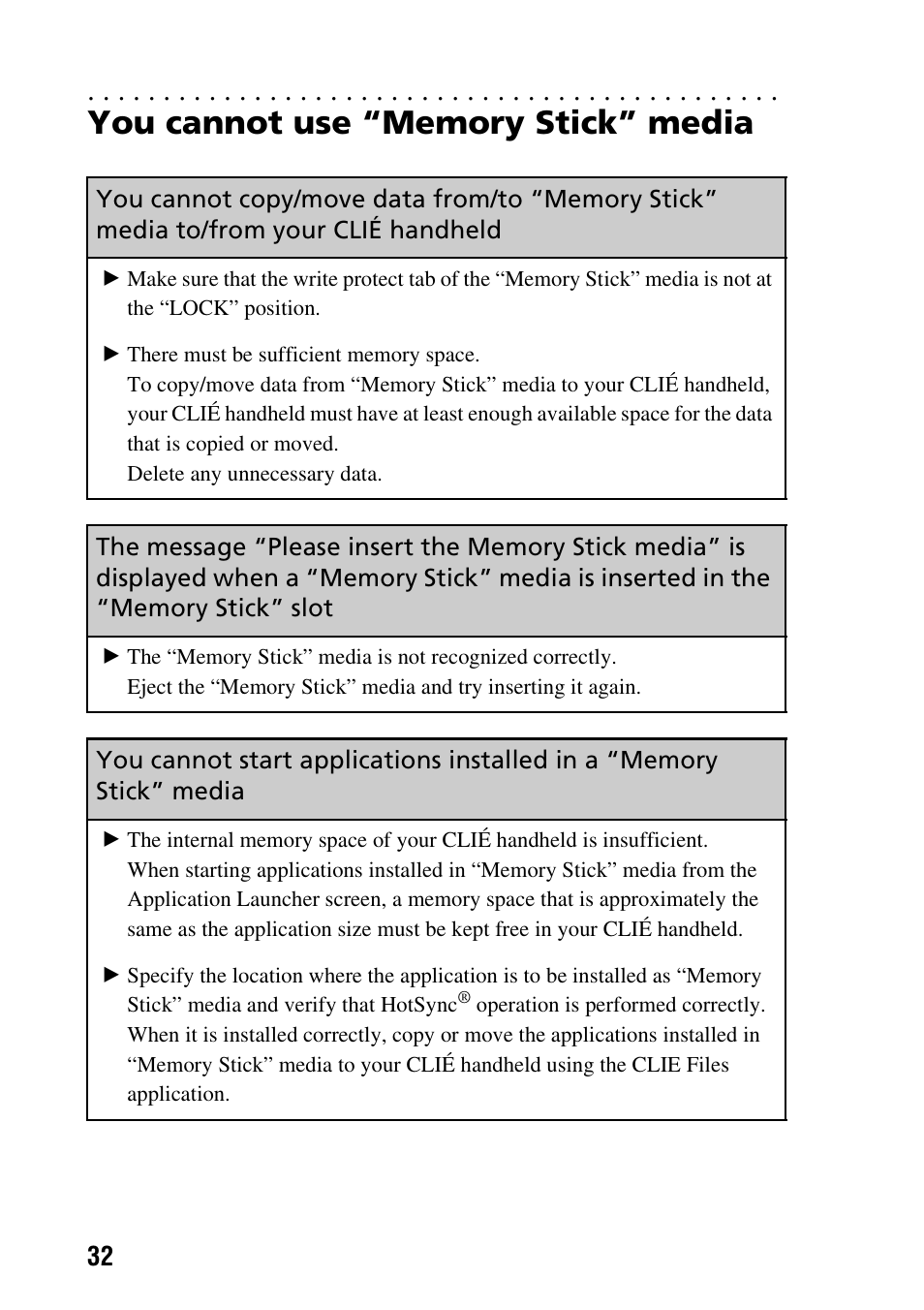 You cannot use “memory stick” media | Sony PEG-NX60 User Manual | Page 32 / 52