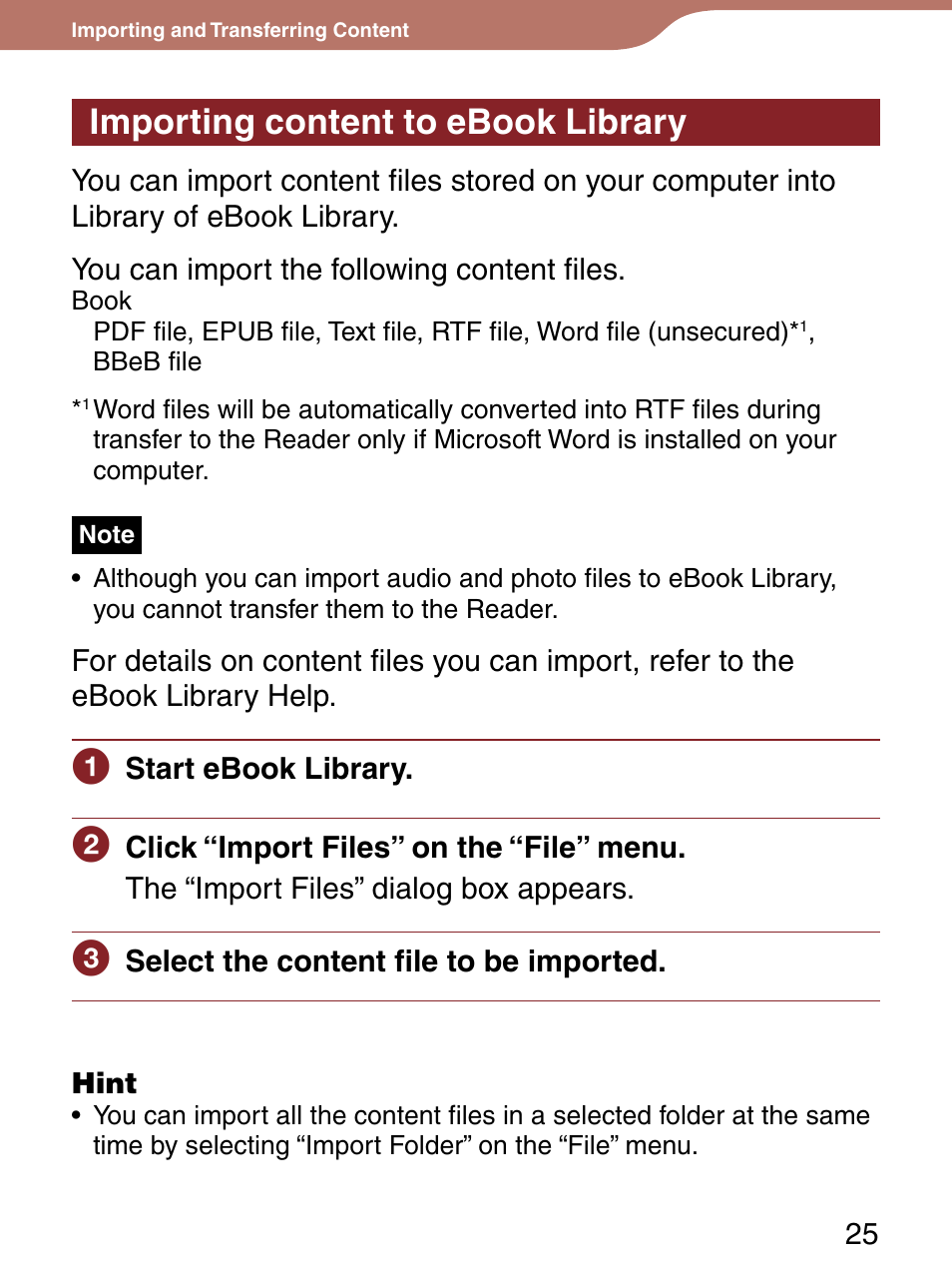Importing content to ebook library | Sony PRS-300LC User Manual | Page 25 / 92