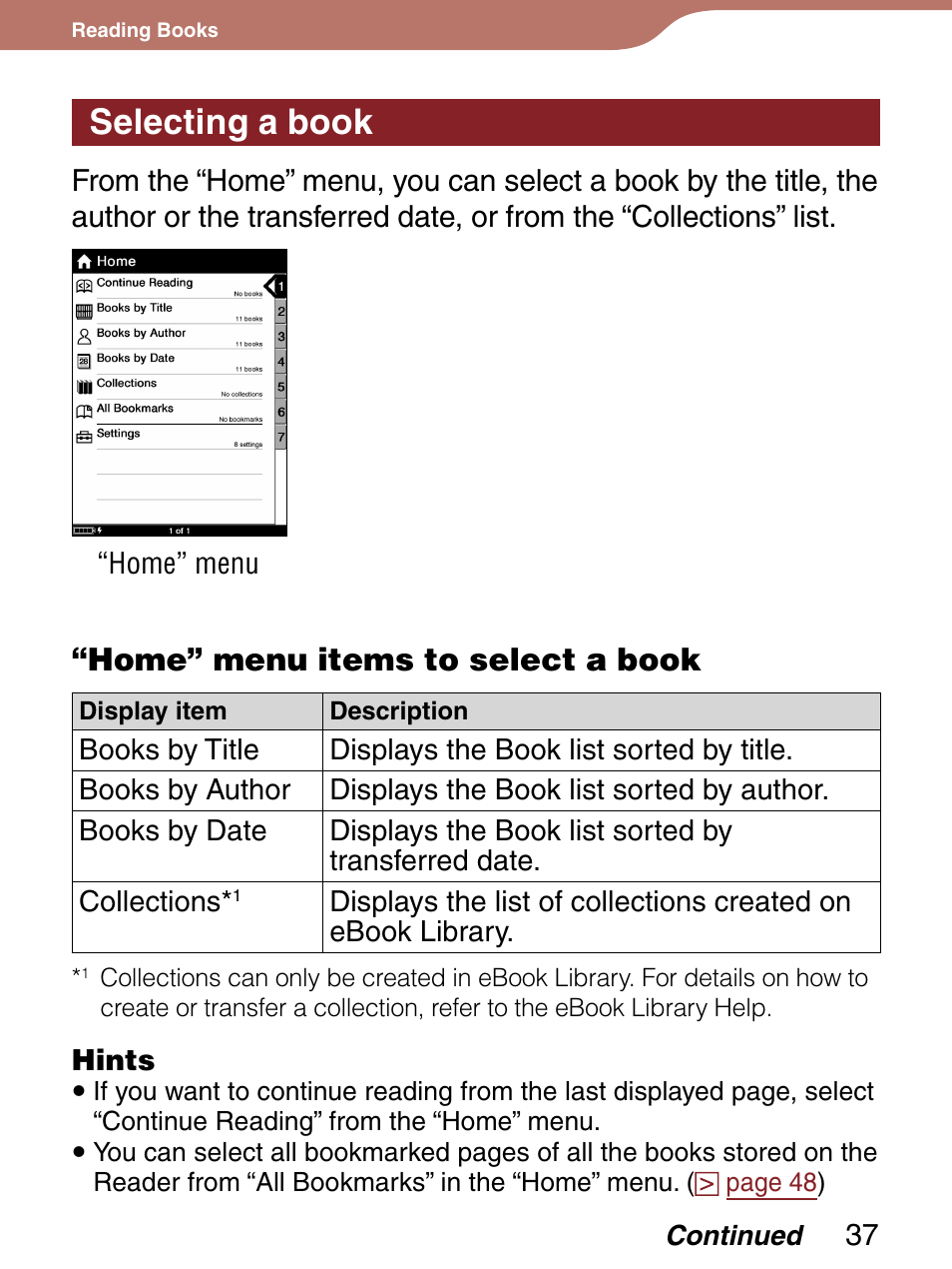 Selecting a book, Home” menu items to select a book | Sony PRS-300LC User Manual | Page 37 / 92