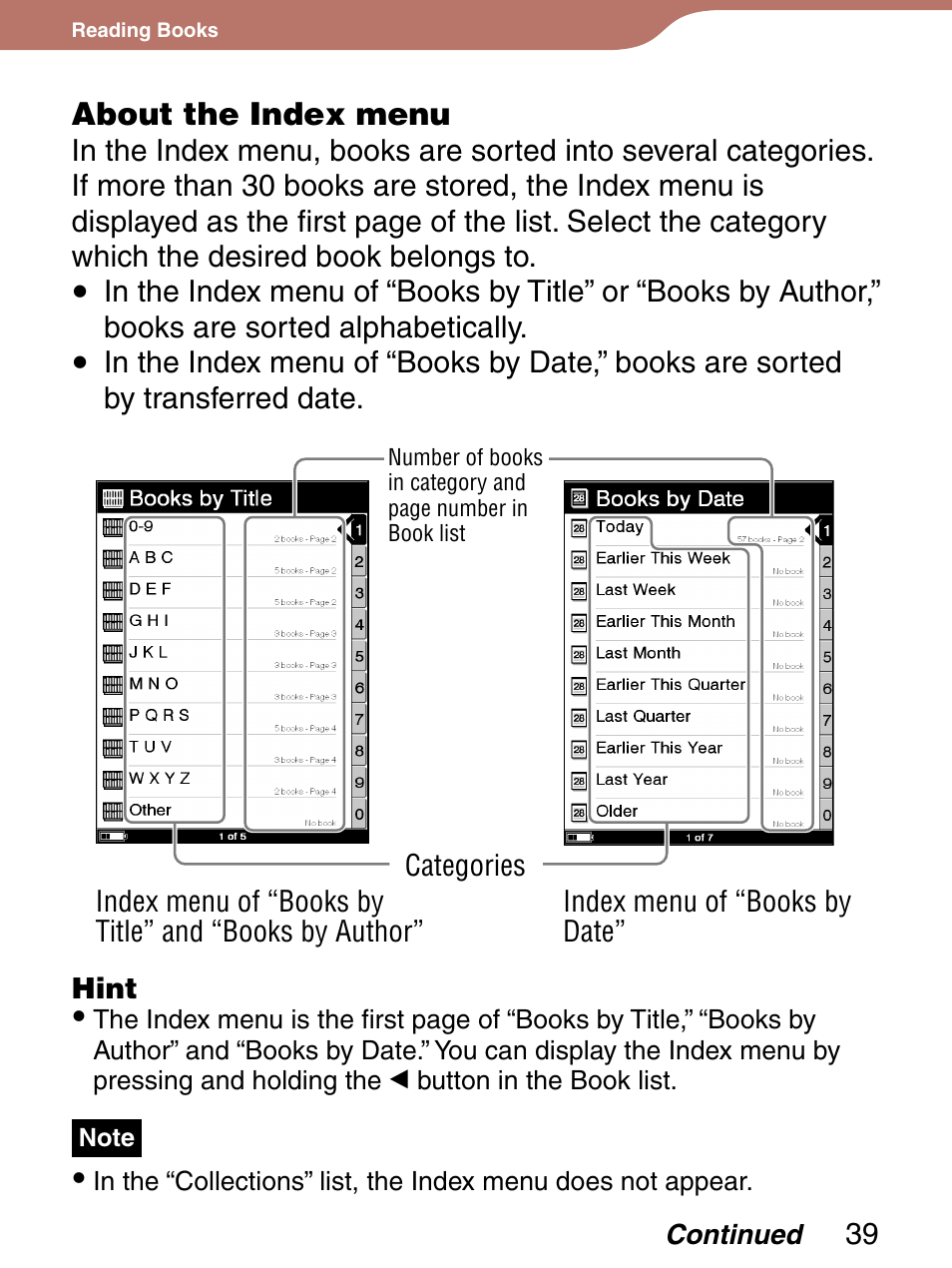 About the index menu | Sony PRS-300LC User Manual | Page 39 / 92