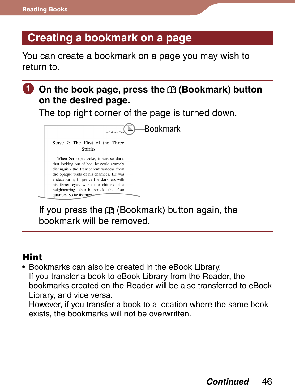 Creating a bookmark on a page | Sony PRS-300LC User Manual | Page 46 / 92