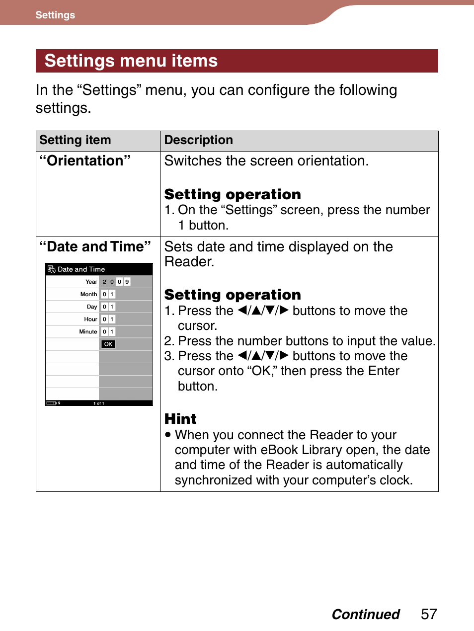 Settings menu items | Sony PRS-300LC User Manual | Page 57 / 92