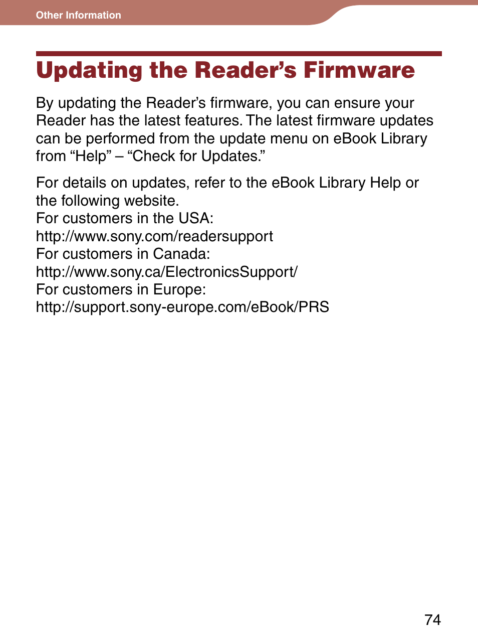 Other information, Updating the reader’s firmware | Sony PRS-300LC User Manual | Page 74 / 92