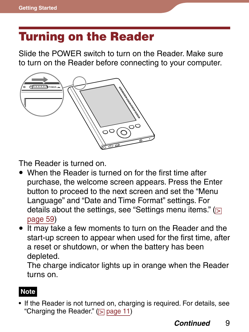 Turning on the reader | Sony PRS-300LC User Manual | Page 9 / 92