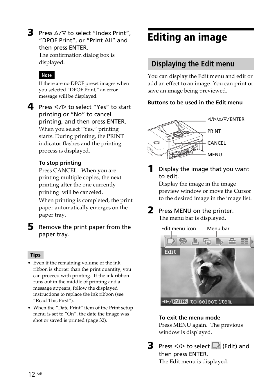 Editing an image, Displaying the edit menu, Edit menu | Sony DPP-FP70 User Manual | Page 12 / 84