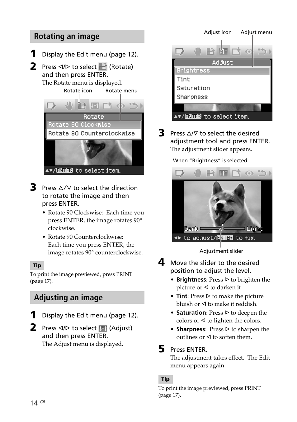 Rotating an image, Adjusting an image | Sony DPP-FP70 User Manual | Page 14 / 84
