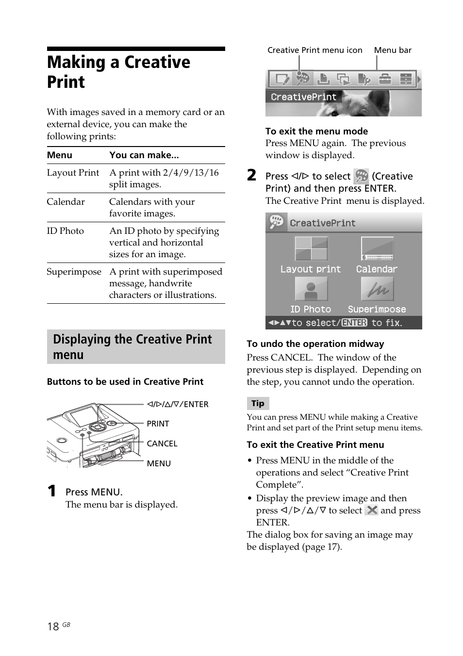 Making a creative print, Displaying the creative print menu, Creative print | Sony DPP-FP70 User Manual | Page 18 / 84