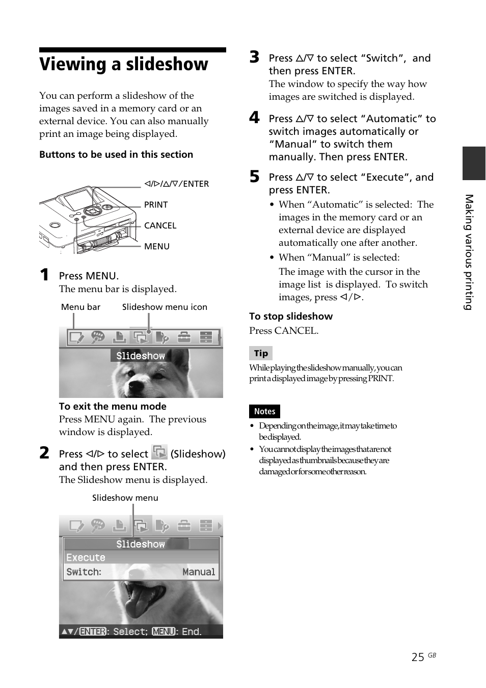 Viewing a slideshow, Slideshow | Sony DPP-FP70 User Manual | Page 25 / 84