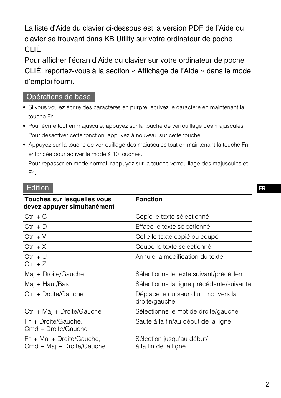 Operations de base, Edition, Liste d’aide du clavier | Sony PEGA-KB100 User Manual | Page 12 / 24