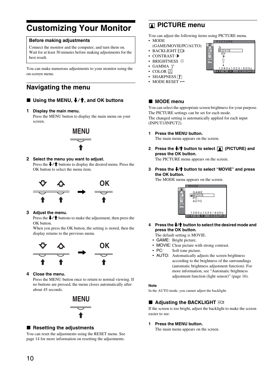 Customizing your monitor, Navigating the menu, Picture menu | Menu ok, Ok menu | Sony SDM-HS95PS User Manual | Page 10 / 20