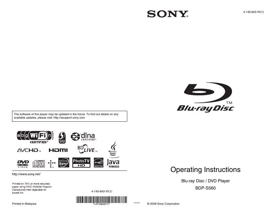 Sony BDP-S560 User Manual | 87 pages
