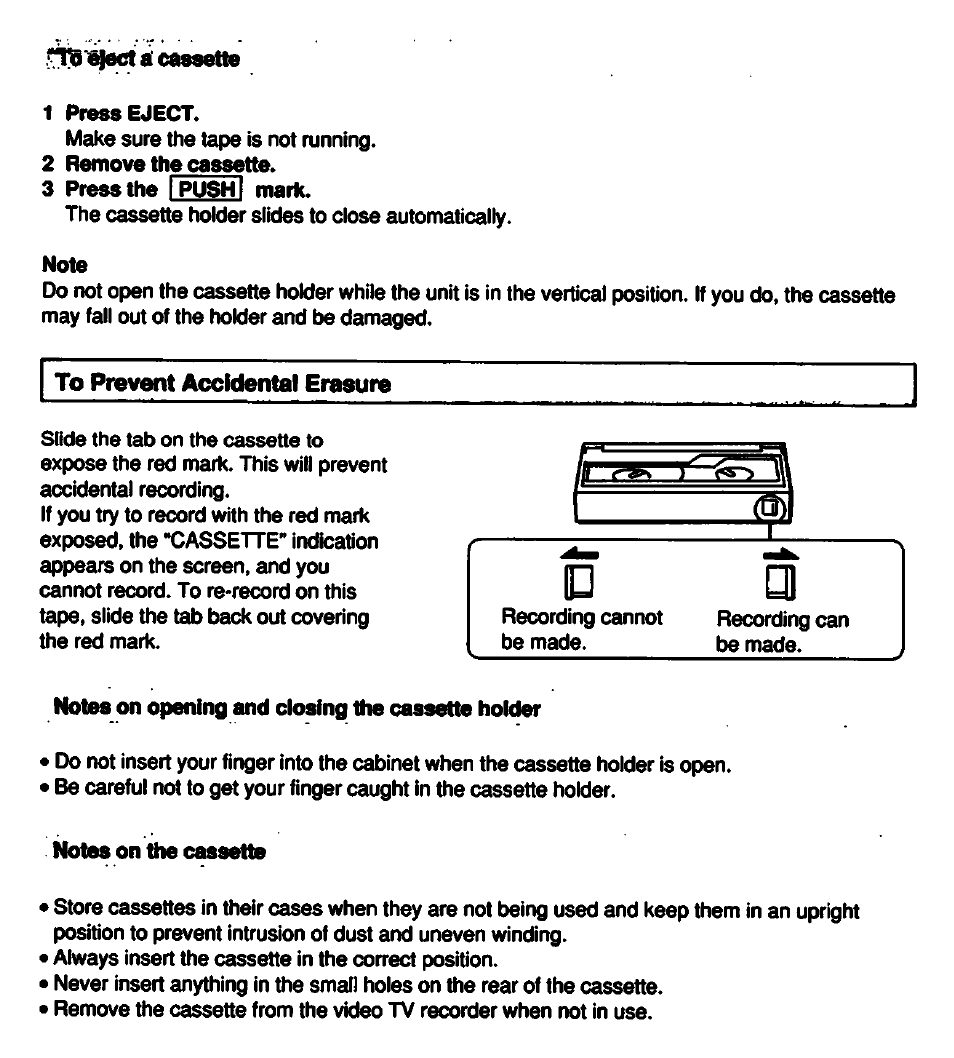 To prevent accidental erasure, Notes on opening and closing the cassette holder, Notes on the cassette | Sony GV-500 User Manual | Page 35 / 84