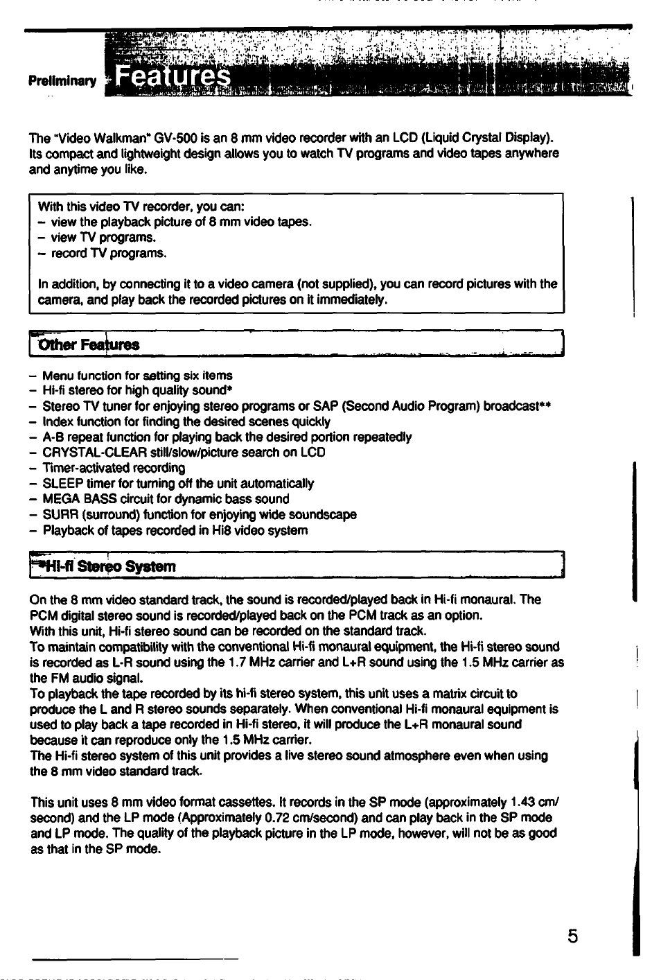 Preliminary, Fim-fi stetig systeiit | Sony GV-500 User Manual | Page 5 / 84