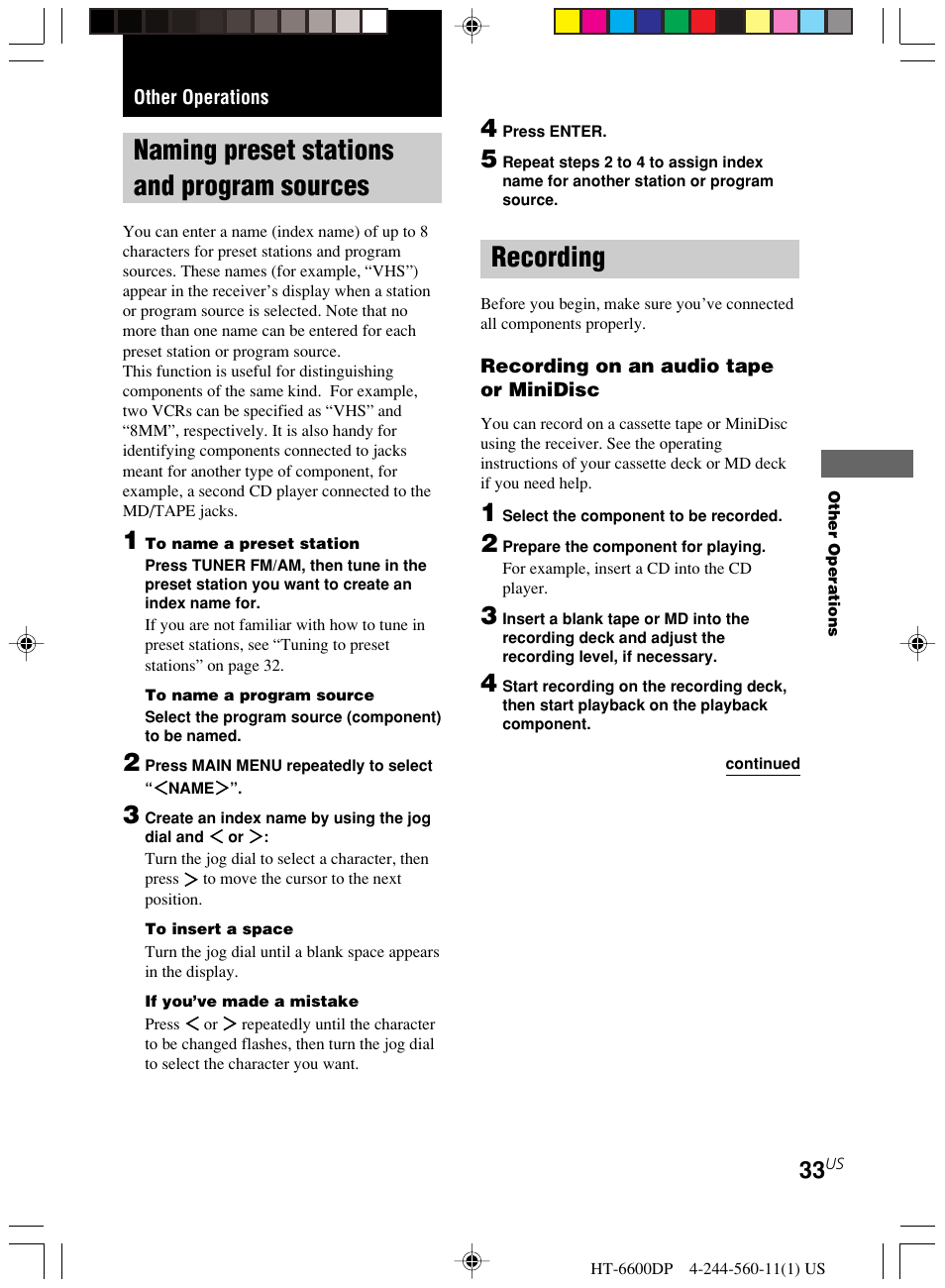 Other operations, Naming preset stations and program, Sources | Recording, Naming preset stations and program sources | Sony HT-6600DP User Manual | Page 33 / 52