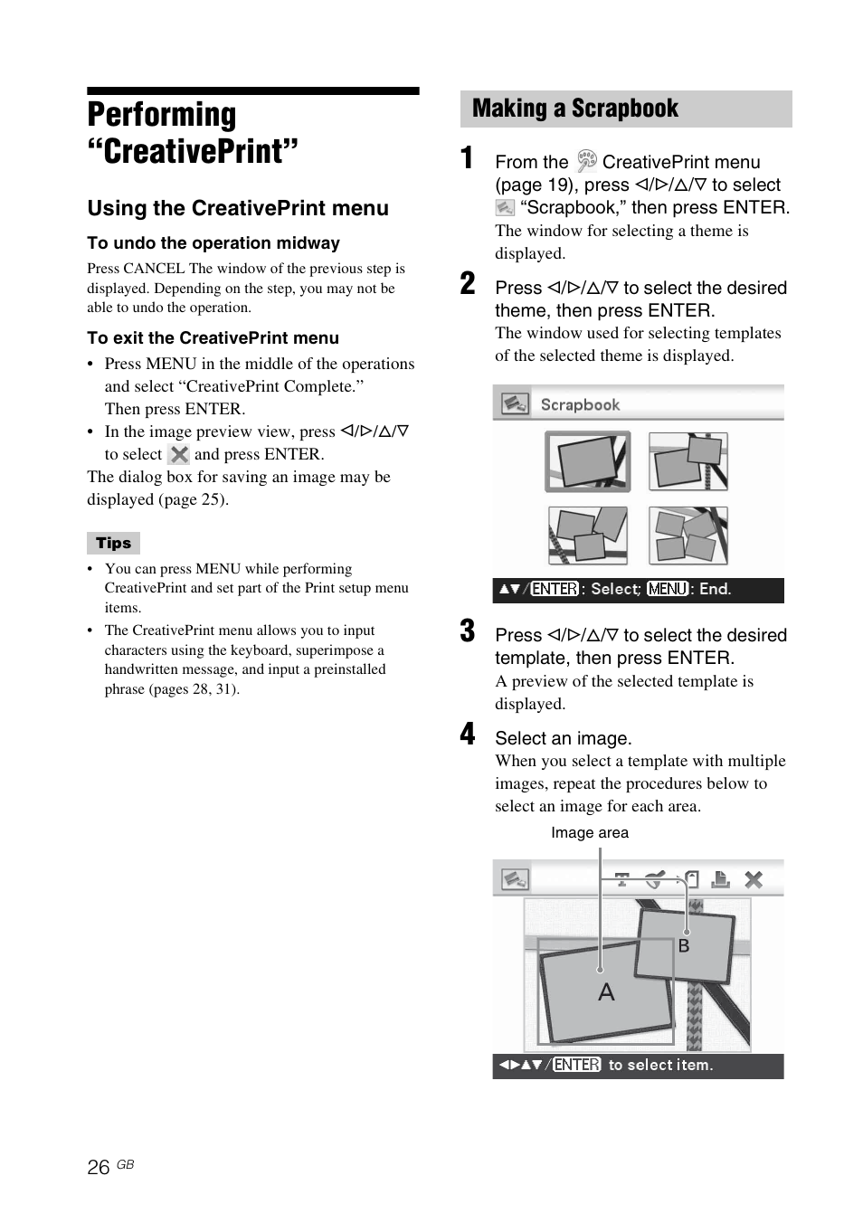 Performing “creativeprint, Making a scrapbook | Sony DPP-FP97 User Manual | Page 26 / 88